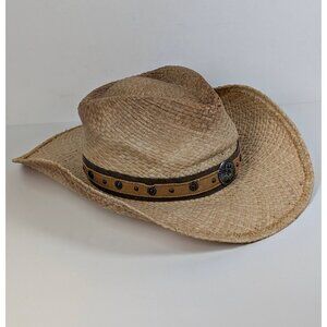 Henschel Straw Hat Size Medium Unisex Western Cowboy Leather Band Metal Star